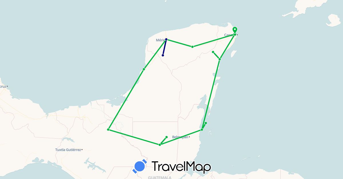 TravelMap itinerary: driving, bus in Belize, Guatemala, Mexico (North America)